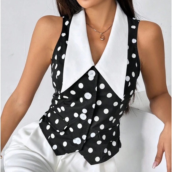 Classic Elegant Polka Dot Button Down Vest Office Work Top Black White - Picture 4 of 10
